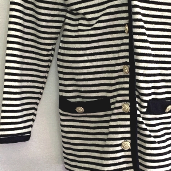 Navy Blue, White, & Gold Striped Nautical Cardigan with Detailed Button Closure - Picture 6 of 11